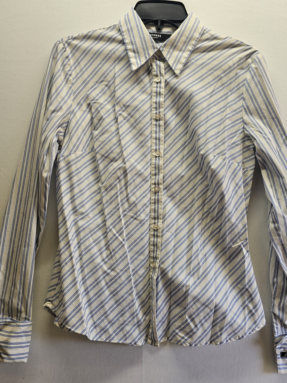 VTG Y2K Express Stretch Button Up Shirt French Cuffs Blue White Striped Size 7/8